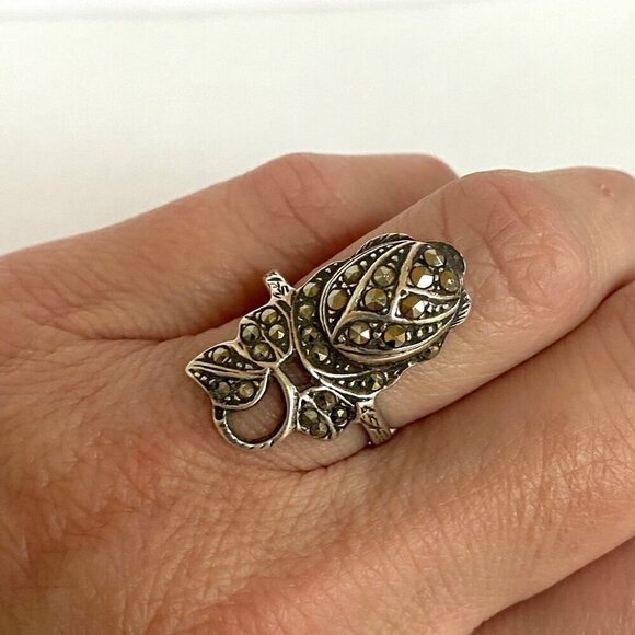 VTG Sterling Silver 925 Art Deco Style Marcasite Flower Rose Ring Sz 5.75 - Picture 3 of 16